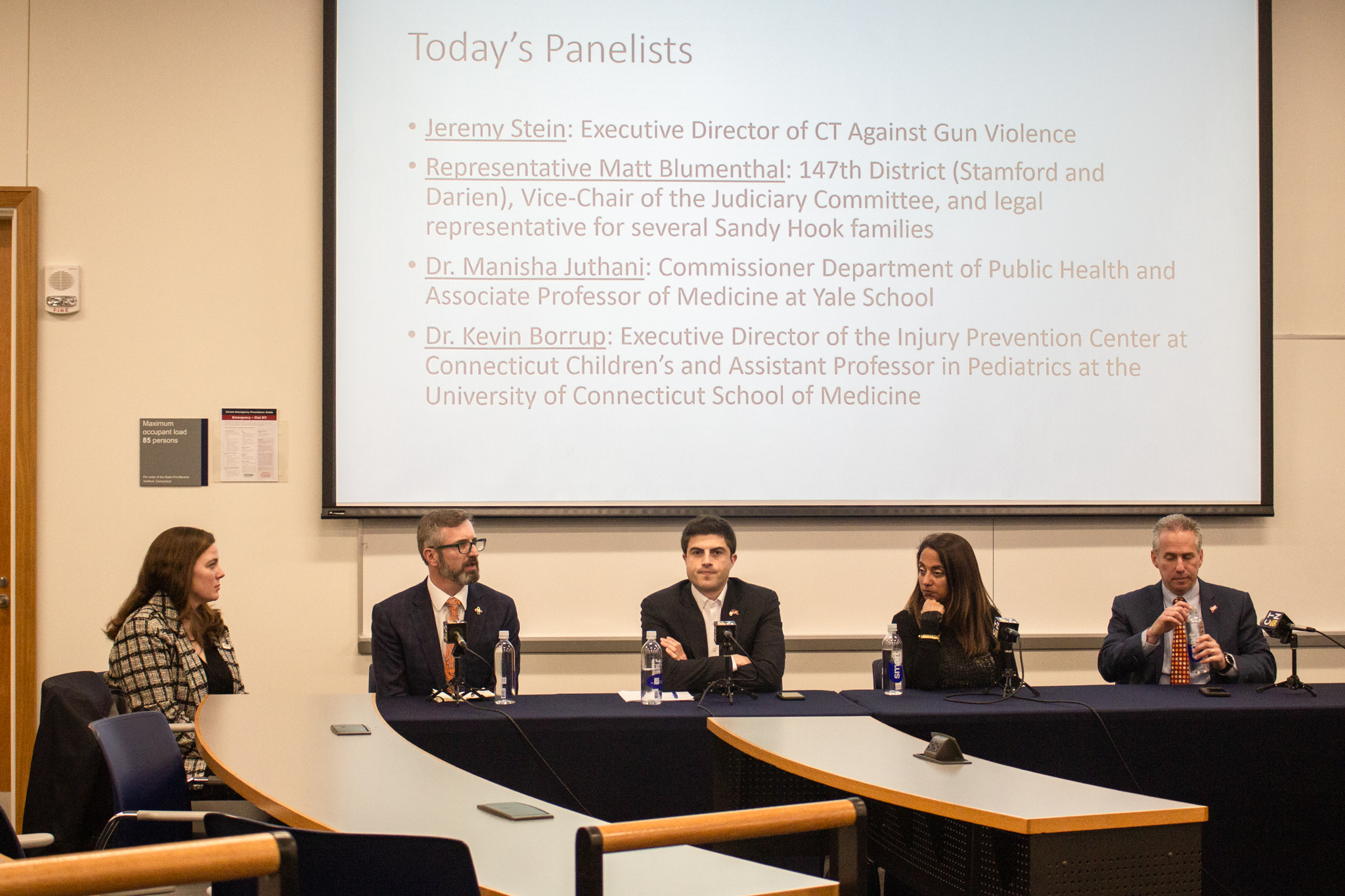 Photo of ARMS Center Director Kerri Raissian, PhD, Kevin Borrup, PhD, State Rep. Matt Blumenthal, DPH Commissioner Manisha Juthani, PhD, and Jeremy Stein during the panel discussion, "How Sandy Hook Changed the Legal Environment"