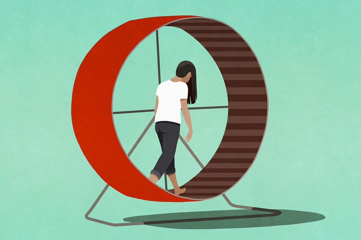 Cartoon image of a person walking on an exercise wheel
